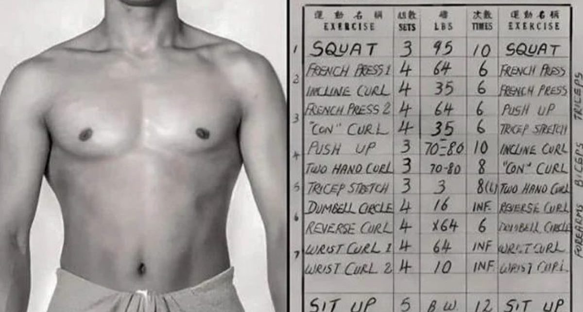 A picture of Bruce Lee in 1965 next to a card detailing his workout routine.
